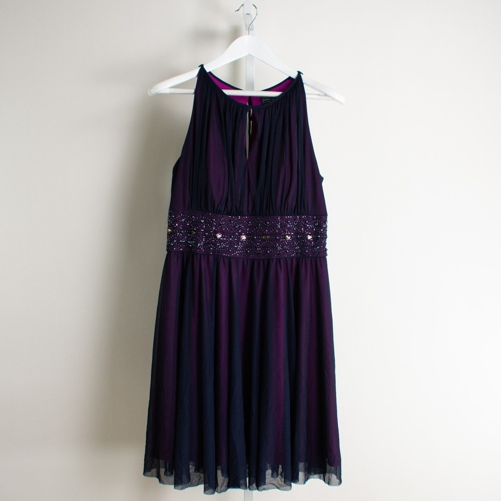 Jessica Howard Purple Beaded Halter Neck Sleeveless Cocktail Party‎ Dress 14 P